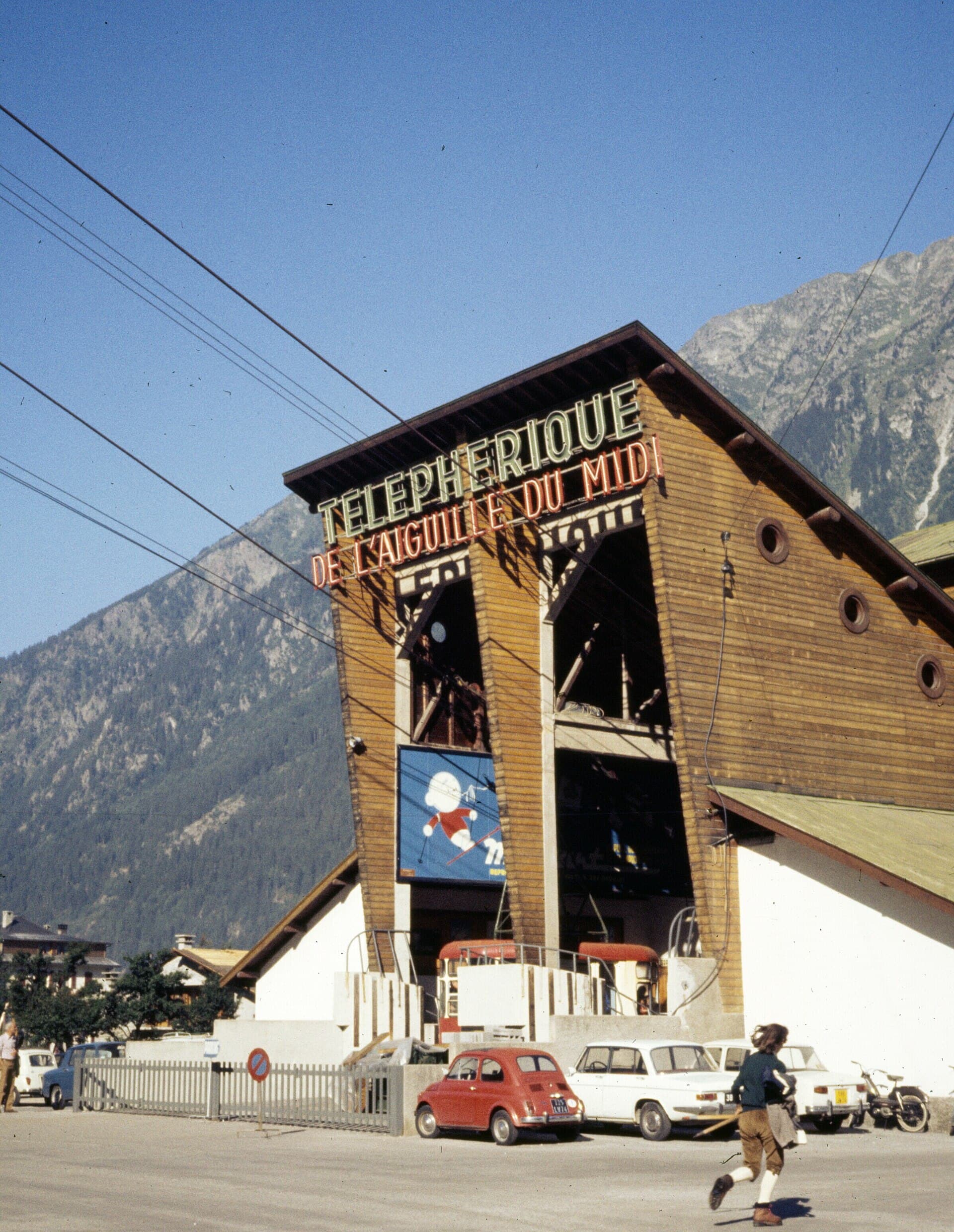 The timber cable-car station and a painted cabin at the Aiguille du Midi terminus in 1972.