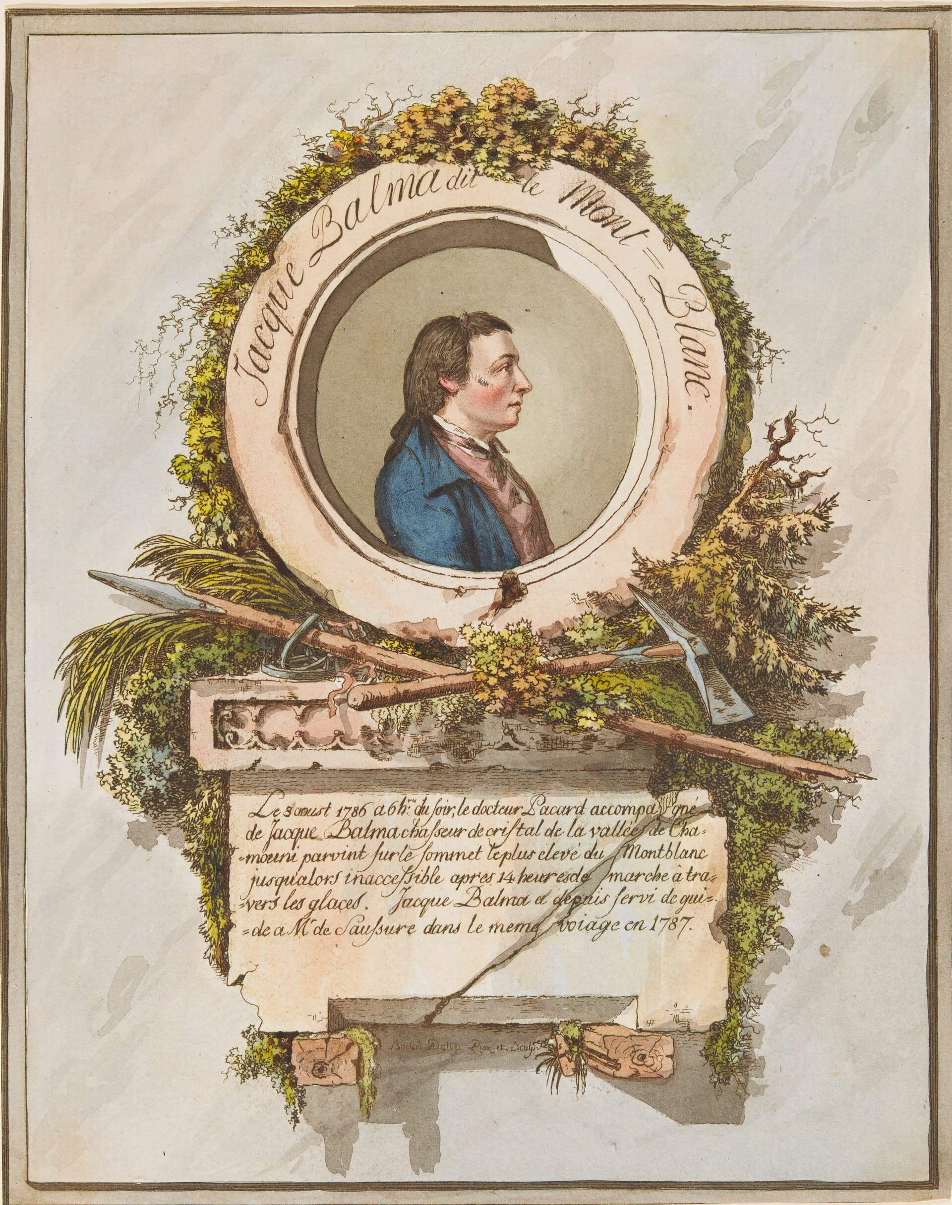 A coloured 1789 commemorative print of Jacques Balmat, shown in a portrait medallion above mountaineering tools.