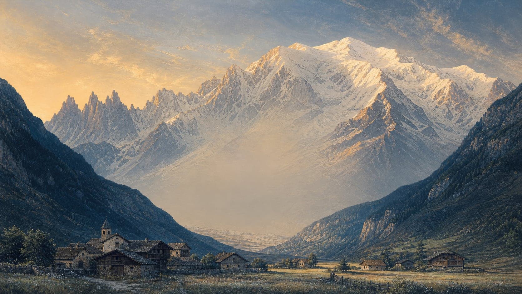 An original painted illustration of a small Alpine village beneath the snow-covered Mont Blanc massif at dawn.