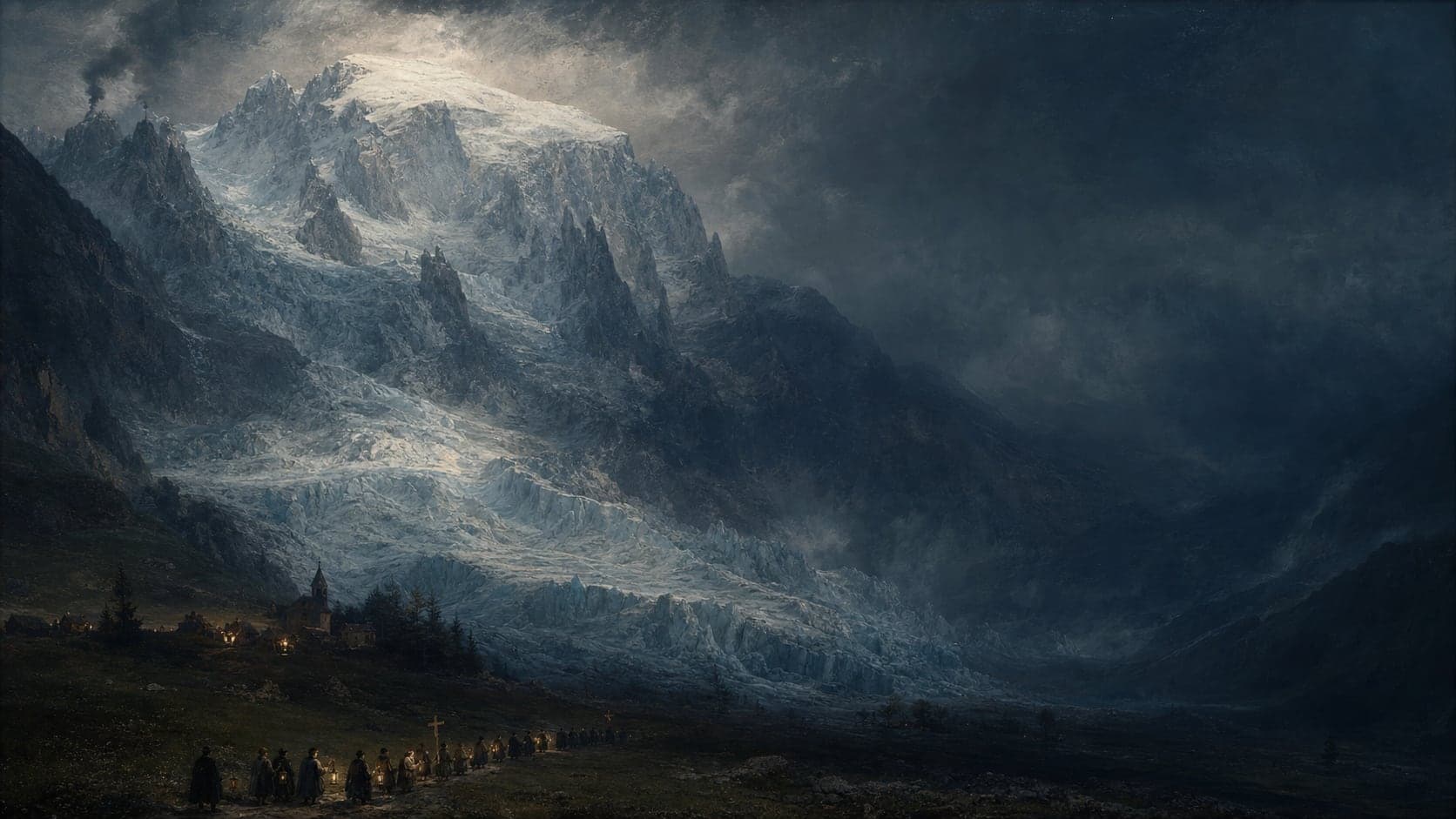 An original dark painted illustration of villagers carrying lanterns towards a glacier beneath the Mont Blanc massif.