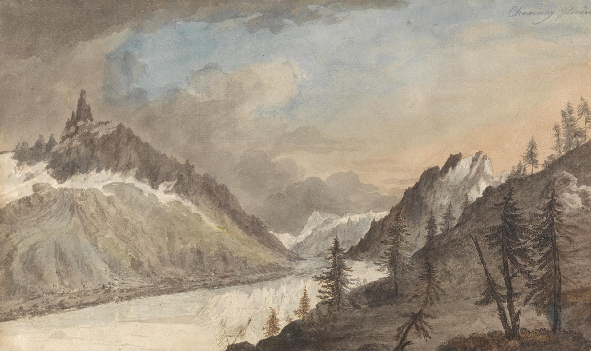 Charles Gore's late eighteenth-century watercolour of the Mer de Glace, framed by steep peaks and trees.