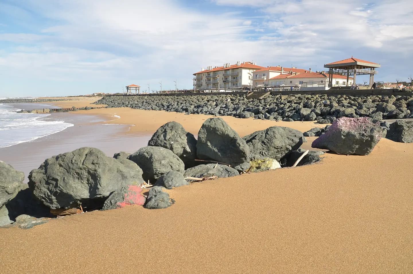 France, Anglet, seafront, Gold sands beach, ophitic rip-rap