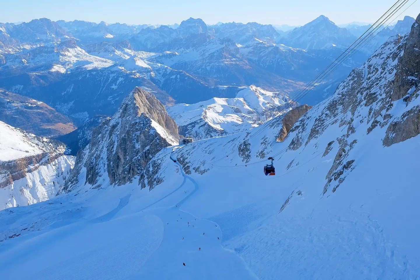 La Bellunese ski slope from Punta Rocca, Arabba/Marmolada ski resort. On the right side is the cableway Serauta - Punta Rocca