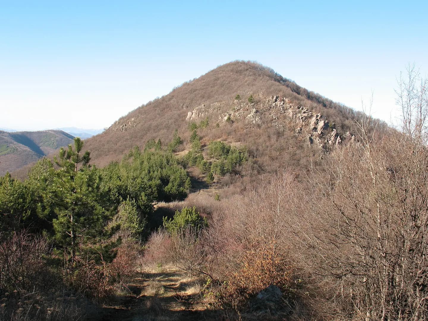 Peak Golyam Borovets near Pravets, Bulgaria, on which ruins of ancient fortress can be seen
