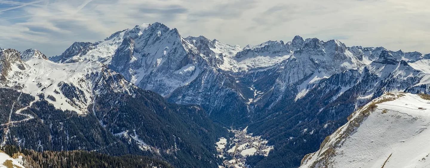 The skiing area Belvedere , The Marmolada peak, Ciampac from the Col Rodella in the Val di Fassa Dolomites