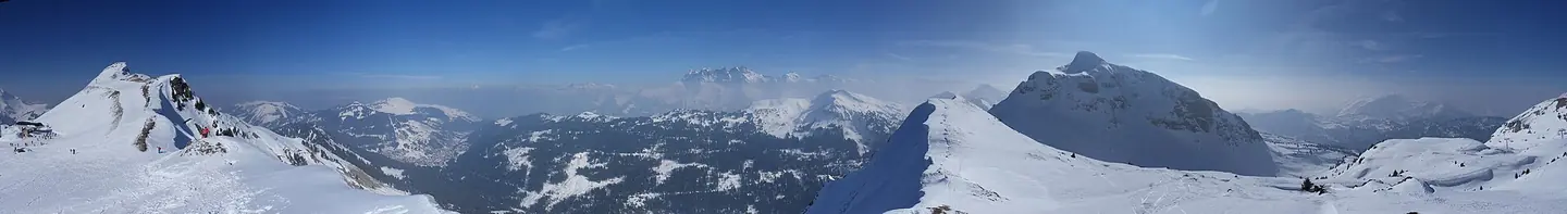 Panorama of ski slopes in the Portes du Soleil, taken from the top of the mountain Tête de Linga, in Châtel, France