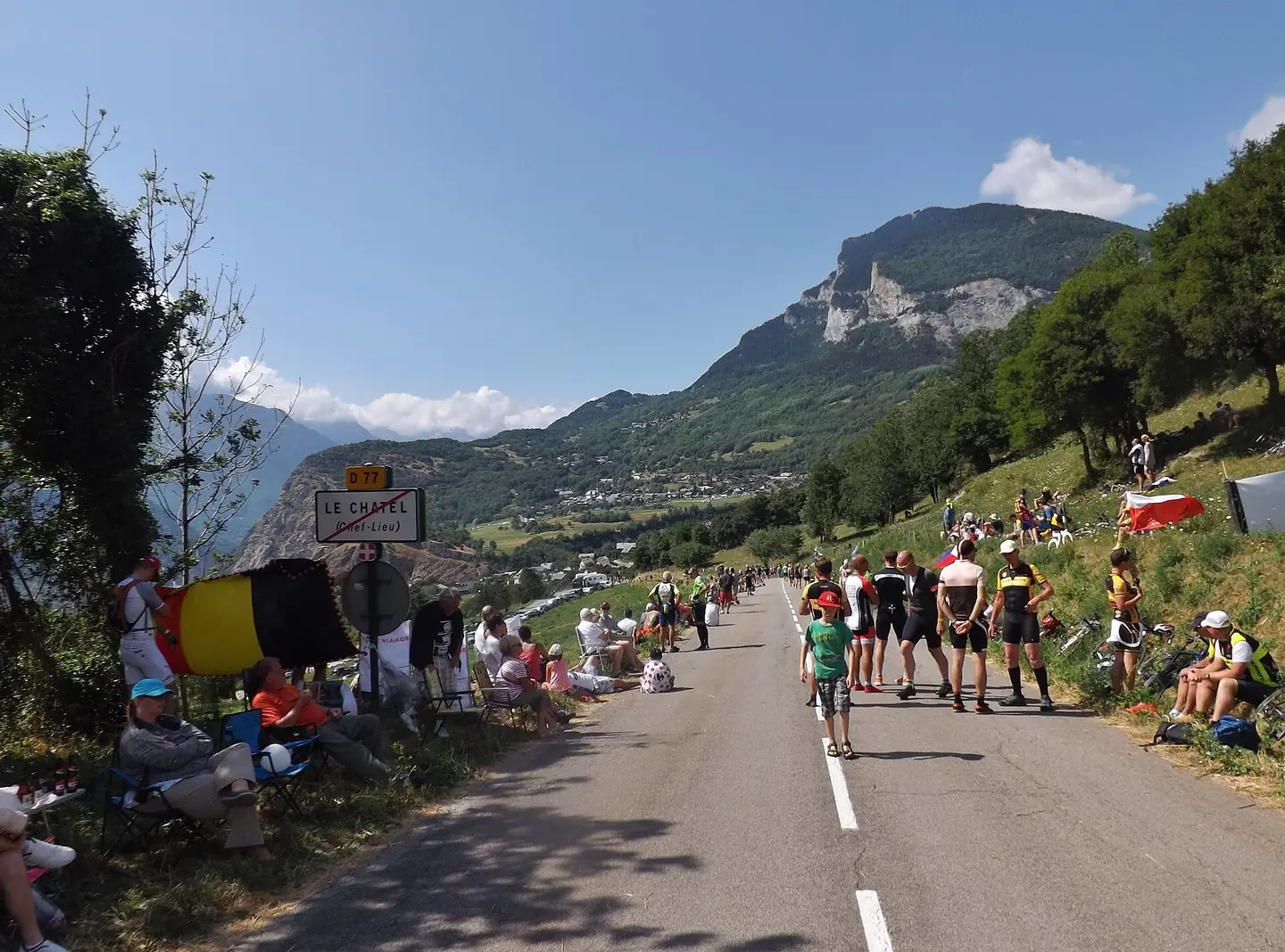 Sight of spectators and supporters of Tour de France 2015 cyclist competition, waiting the cyclists at Le Châtel in the Maurienne valley ( Savoie ), during the 18th stage