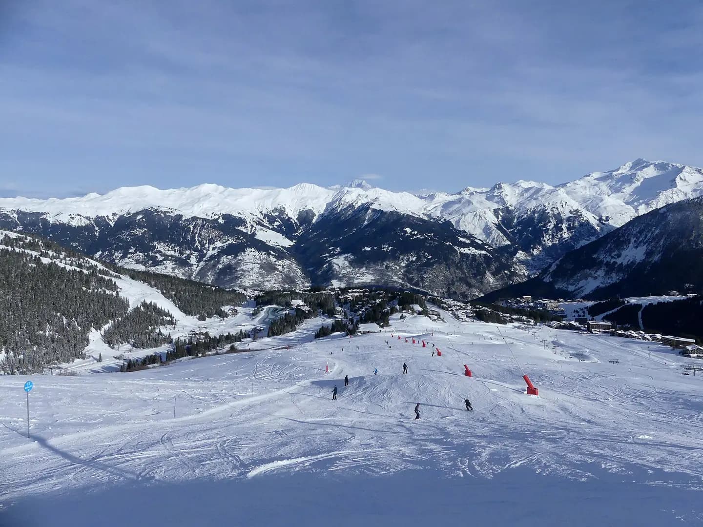 Sight of Biollay ski slope going down to Courchevel 1850 resort village, in Savoie , France