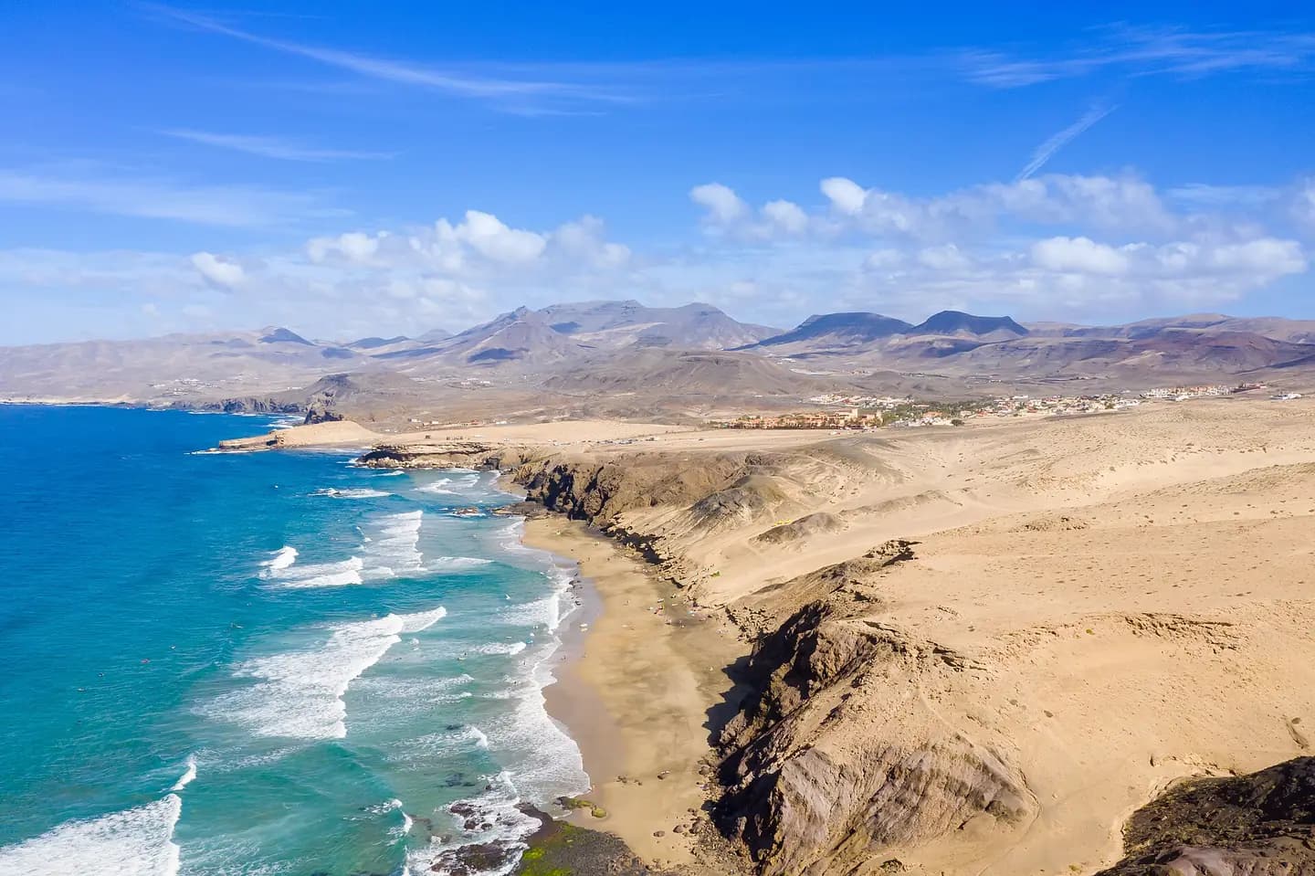 Aerial view of the surfing beach Playa del Viejo Reyes on Fuerteventura, Canary Islands