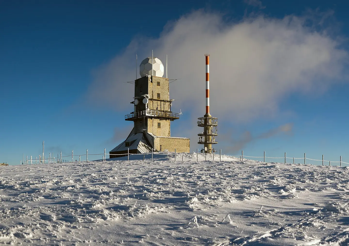 Friedrich-Luise Tower with weather radar on the Feldberg mountain in the Black Forest. In the background, the new Feldberg Tower