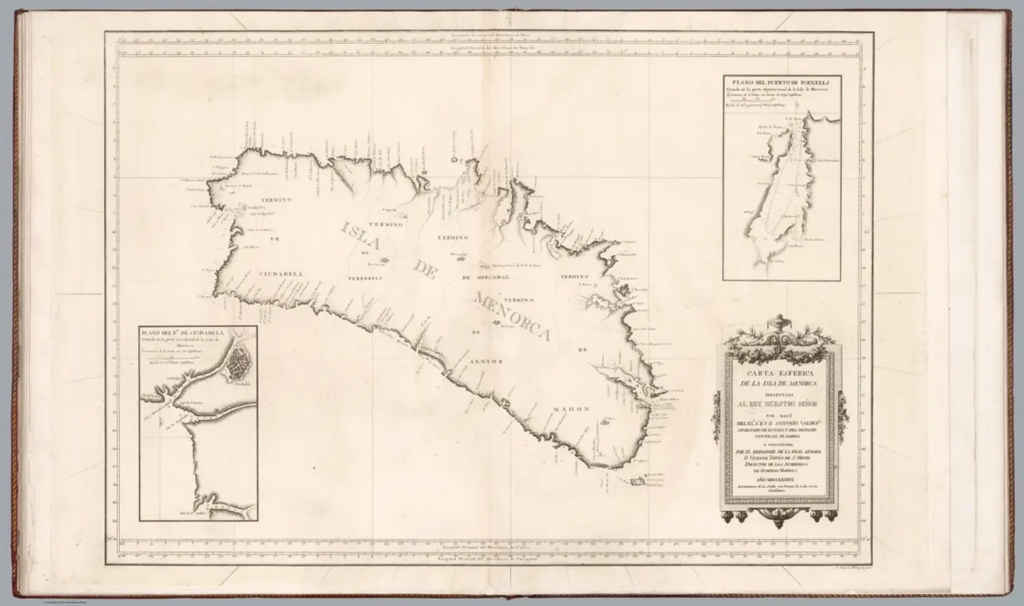 Carta esferica de la Isla de Menorca ... Y Construida por el Brigadier de la Rl. Armada D. Vicente Tofino de S. Miguel. Ano