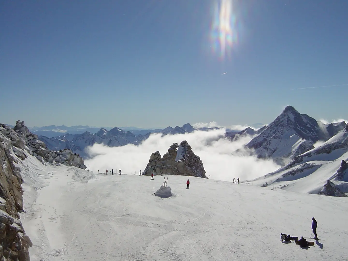 Glacier Hintertux. At the highest point of the skiing region with view to the Dolomites (SSW)