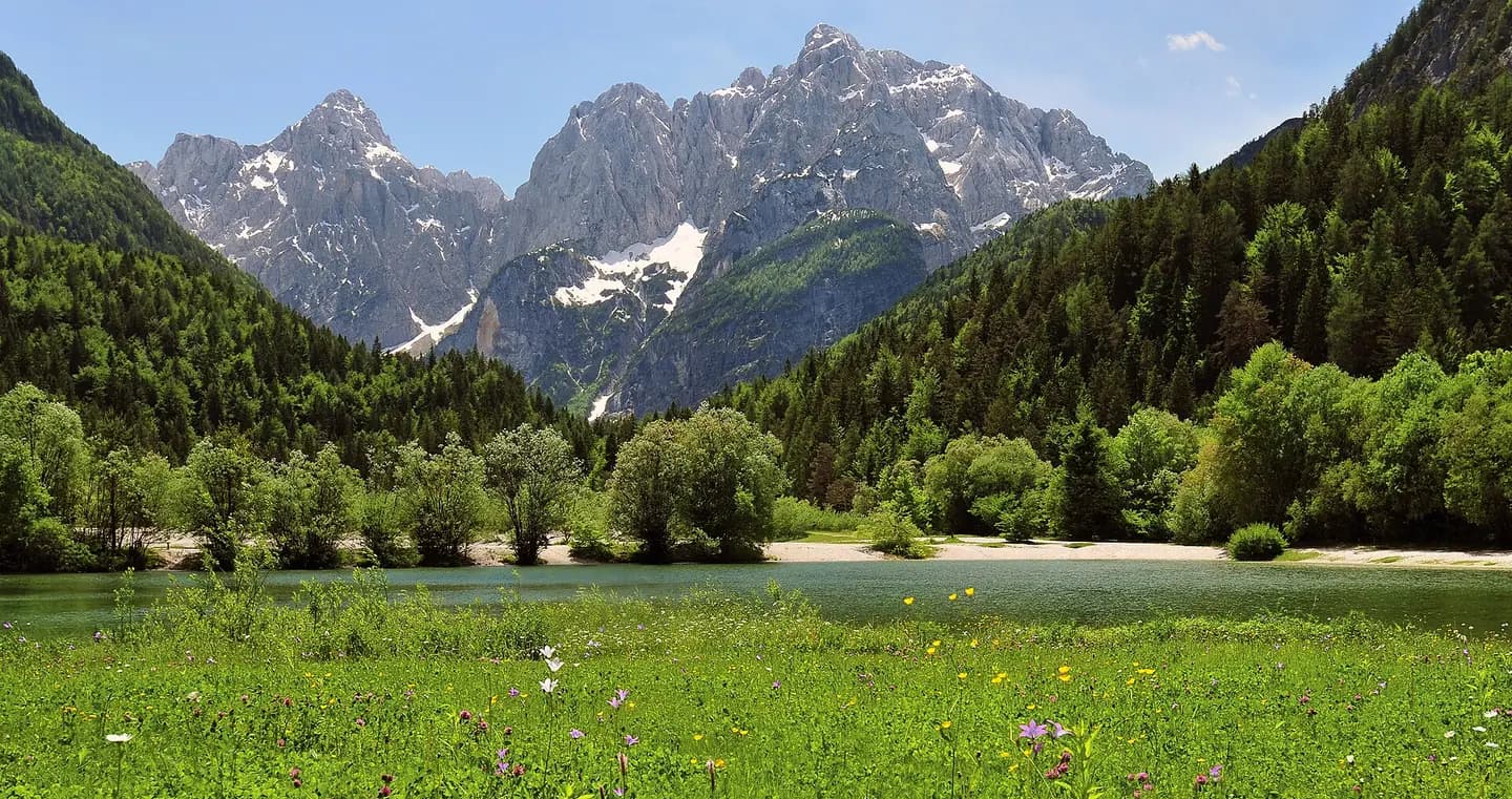 View from the town Kranjska Gora in north-west Slovenia across Lake Jasna to the Julian Alps with Razor (left) and Prisojnik (right)