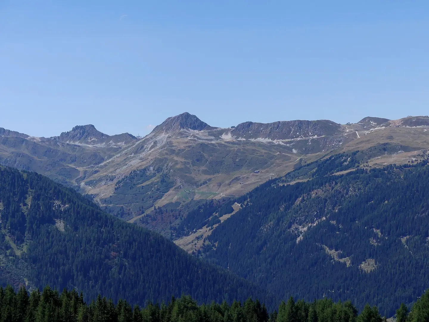 Sight, from the slopes of Vallandry resort, of the east side of mountains in the surroundings of La Plagne ski area, Savoie , France
