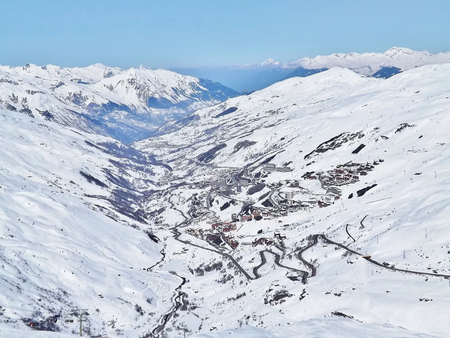 Panoramic sight of Les Menuires ski resort and the Belleville valley, in Savoie , France