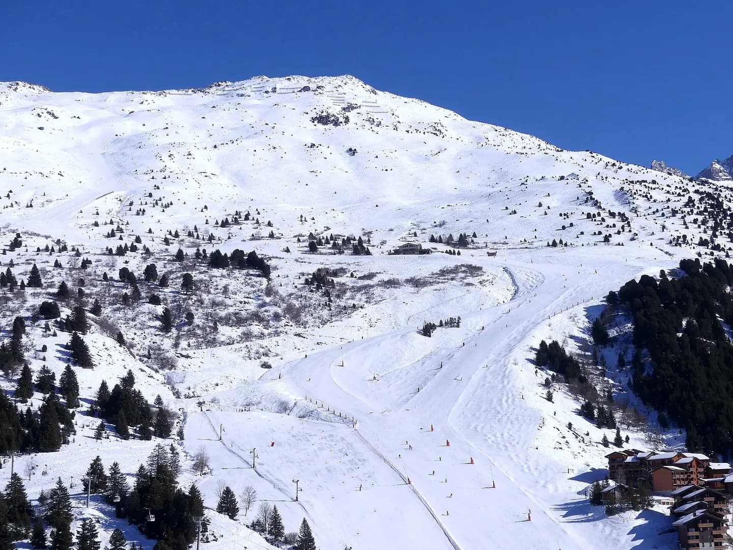 Sight, in winter from Mottaret village, of ski slopes on the north side of Méribel resort, in Savoie , France