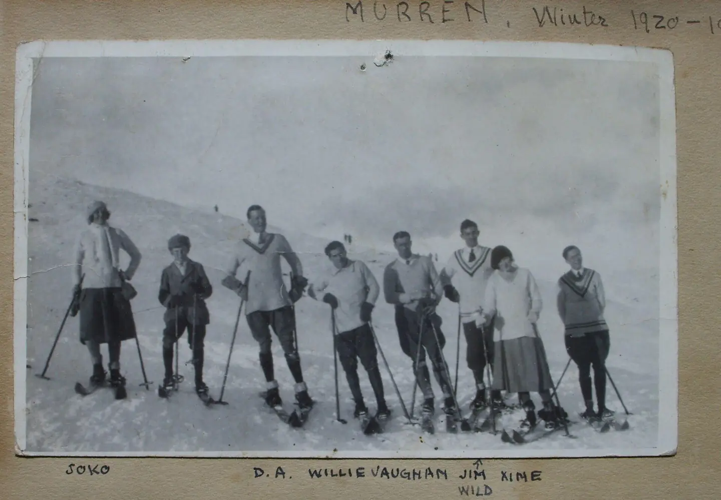 Captain Donald Clive Anderson skiing with Willie Vaughan, Jim Wild, Xine, Soko in Murren , Switzerland Winter 1920 - 1921
