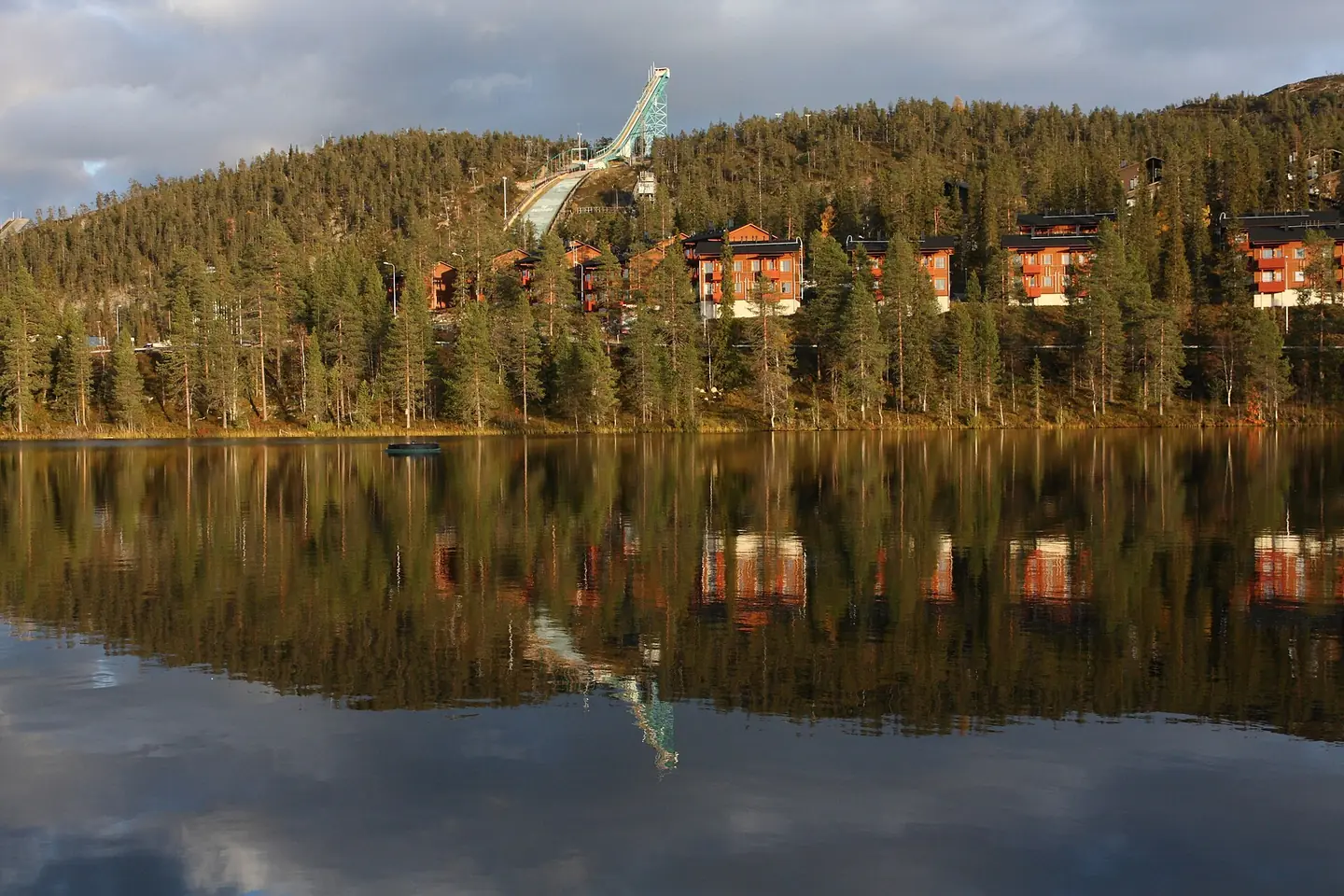 Ruki ski jumping hill in Kuusamo, Finland. Lake Talvijärvi on the foreground