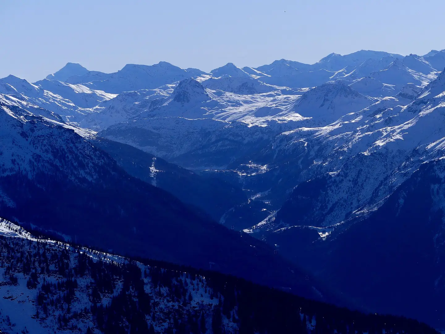 Sight, in winter from La Rosière ski resort, of high Tarentaise valley towards east and Tignes dam, in Savoie , France