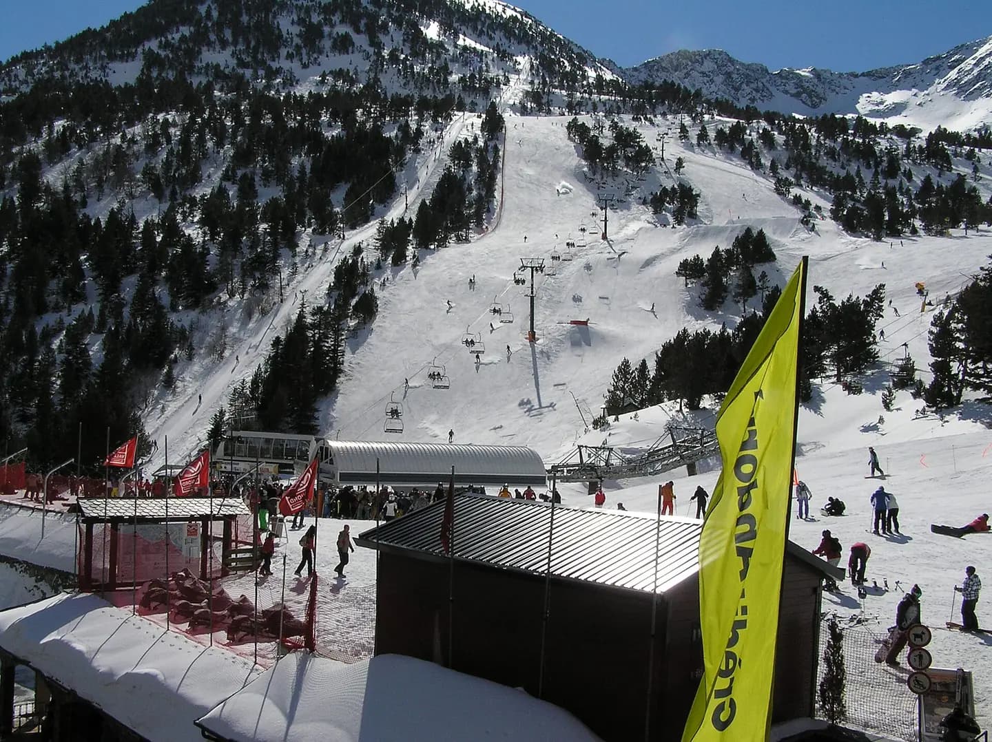 View of red slopes from the main ski center in the Arcalís ski resort in Andorra and which forms part of the Vallnord ski area