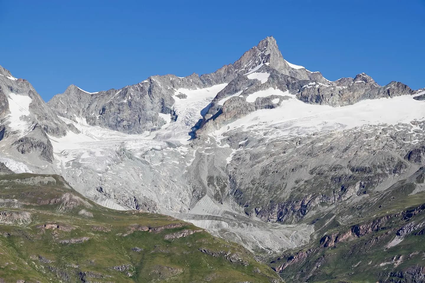 A view to Zinalrothorn from a mountain side between Zermatt and Gornergrat in Wallis, Switzerland in 2012 August. Glacier Triftgletscher and Rothorngletscher