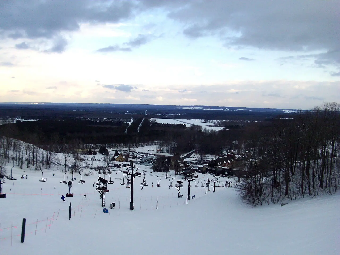 View of Cheers Chair lift and trails at Crystal Mountain resort in Michigan, USA
