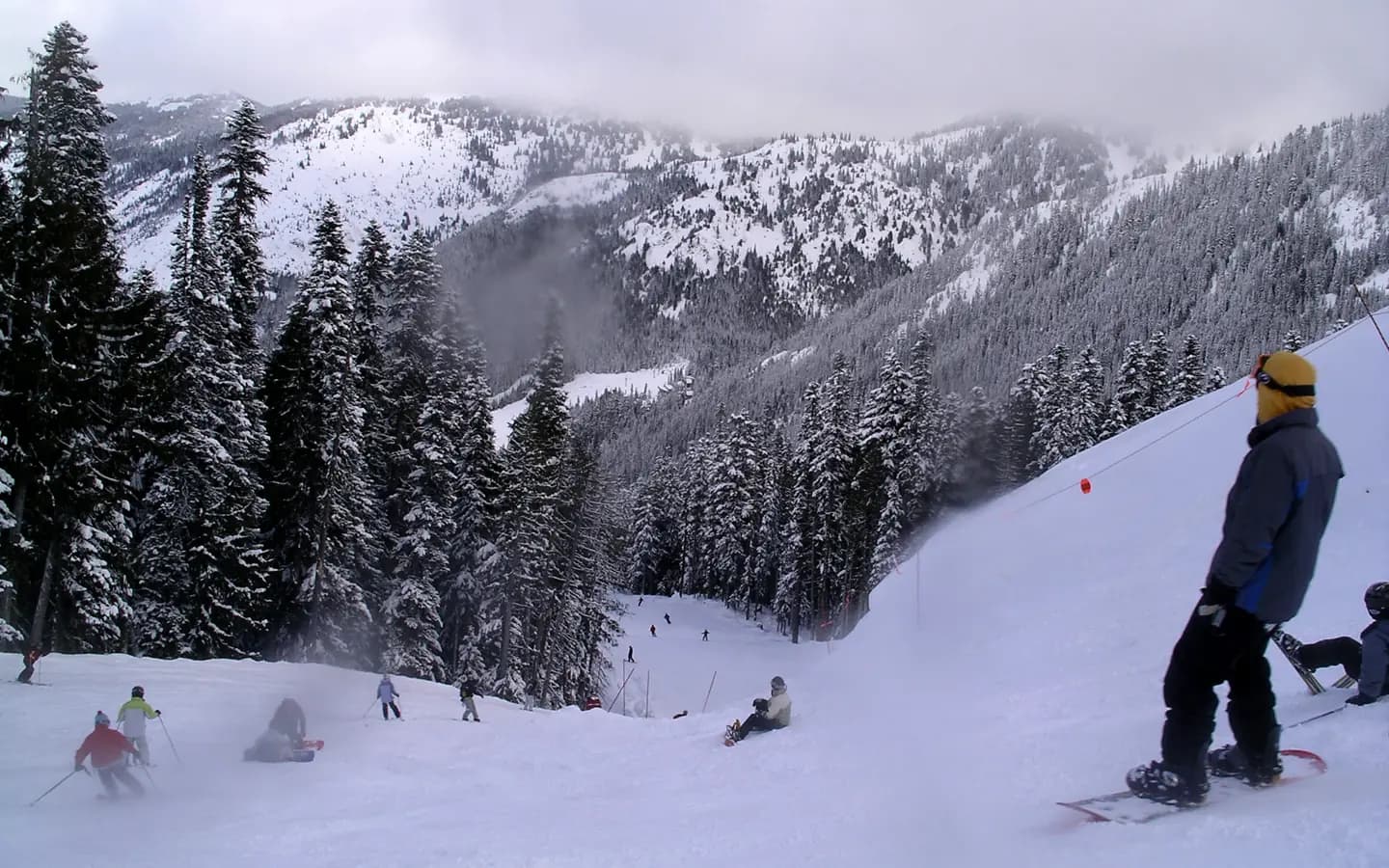 Skiers and snowboarders on Crystal Mountain, Washington
