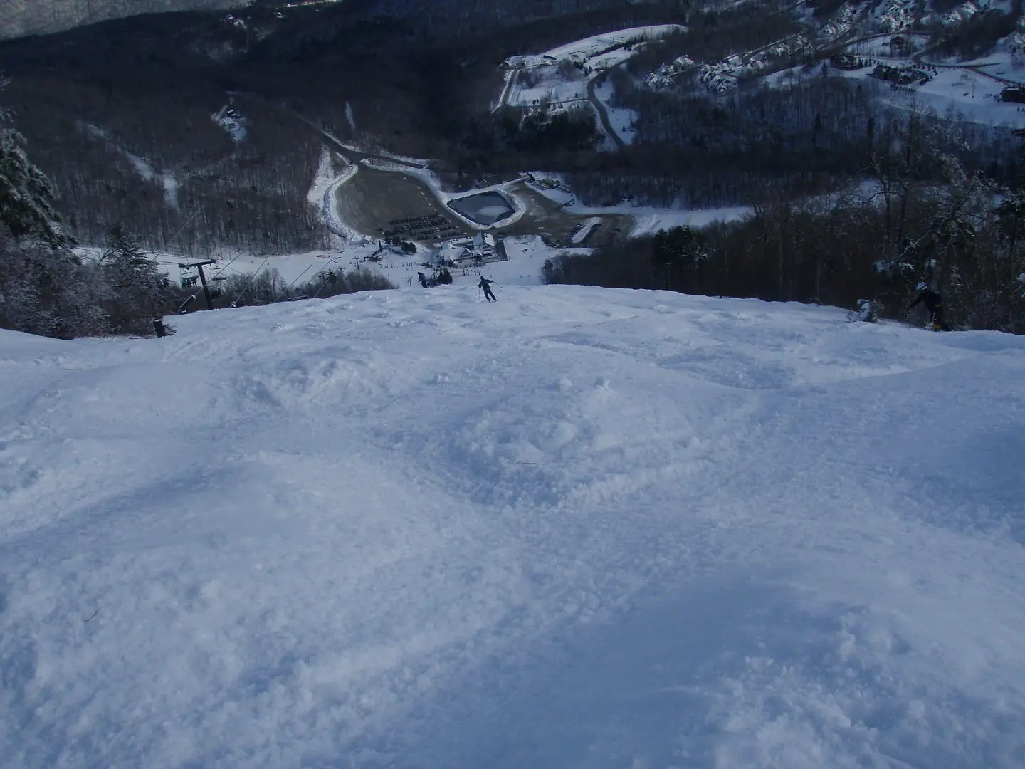 View of Bear Mountain Base in Killington Ski Resort from the top of the double black diamond trail, Outer Limits, which is the steepest mogul run in New England. Picture taken by User:NHRHS2010