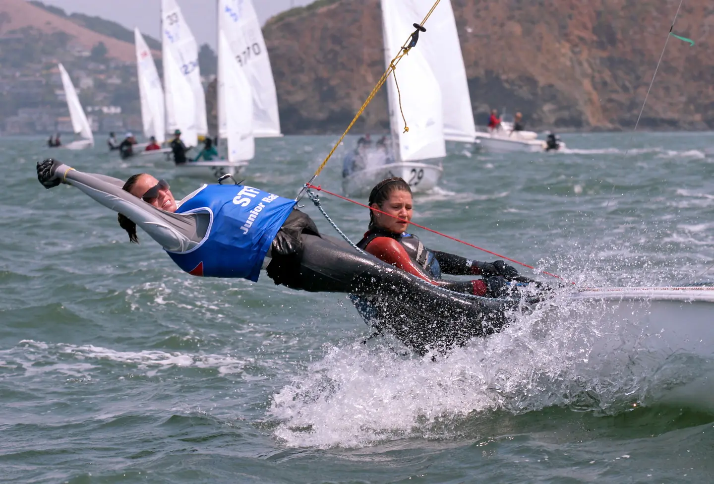 Photo of participants in US Junior Women's Double-handed Sailing Championship on San Francisco Bay in October of 2008. Sponsored by Sausalito Yacht Club