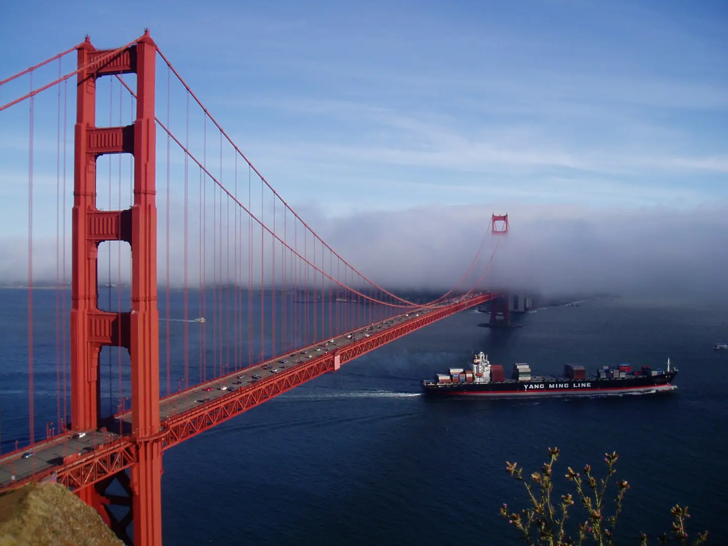 Golden Gate Bridge , San Francisco Bay, Yang Ming Line freighter YM America