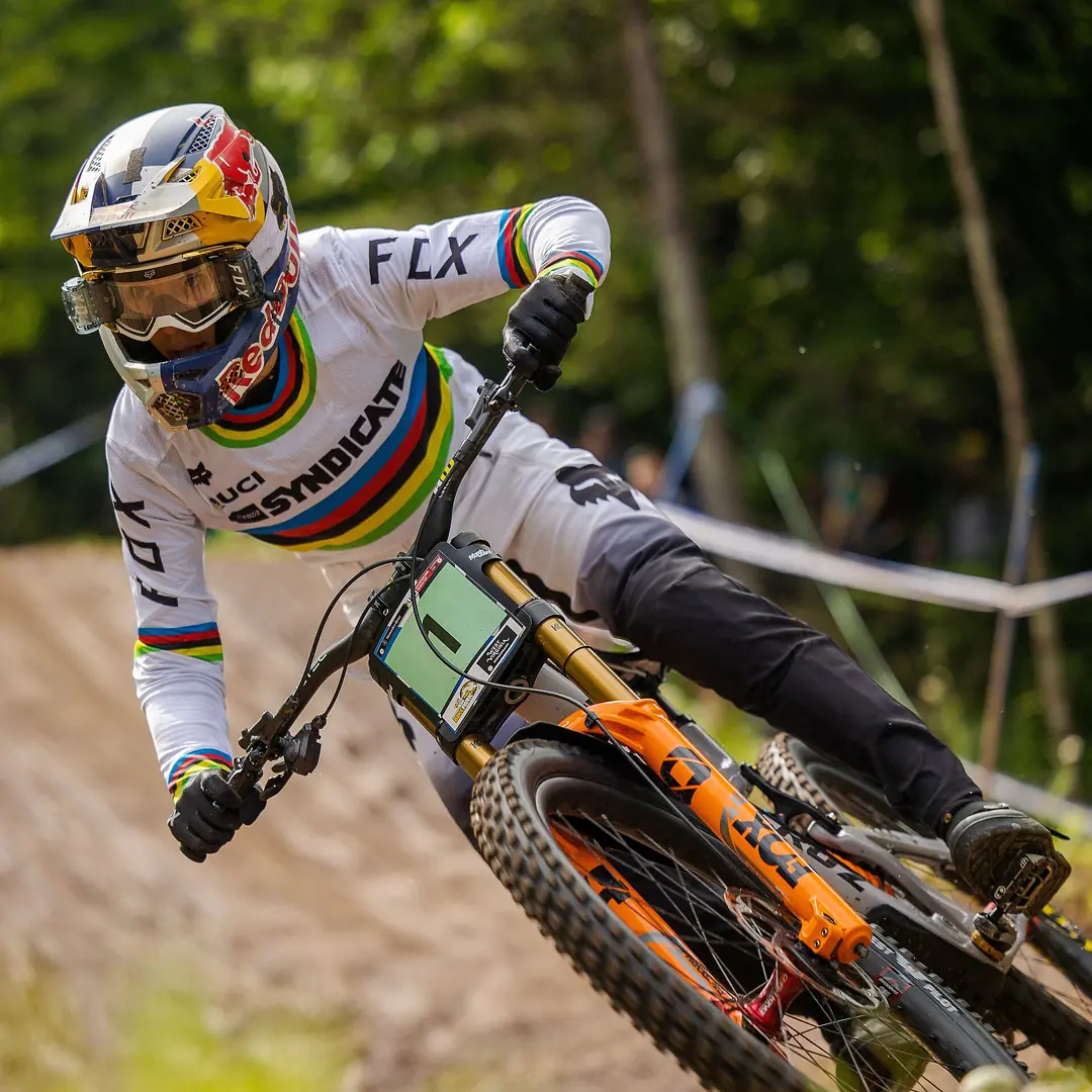 Jackson Goldstone competes in the 2022 UCI Downhill MTB World Cup at Snowshoe, West Virginia