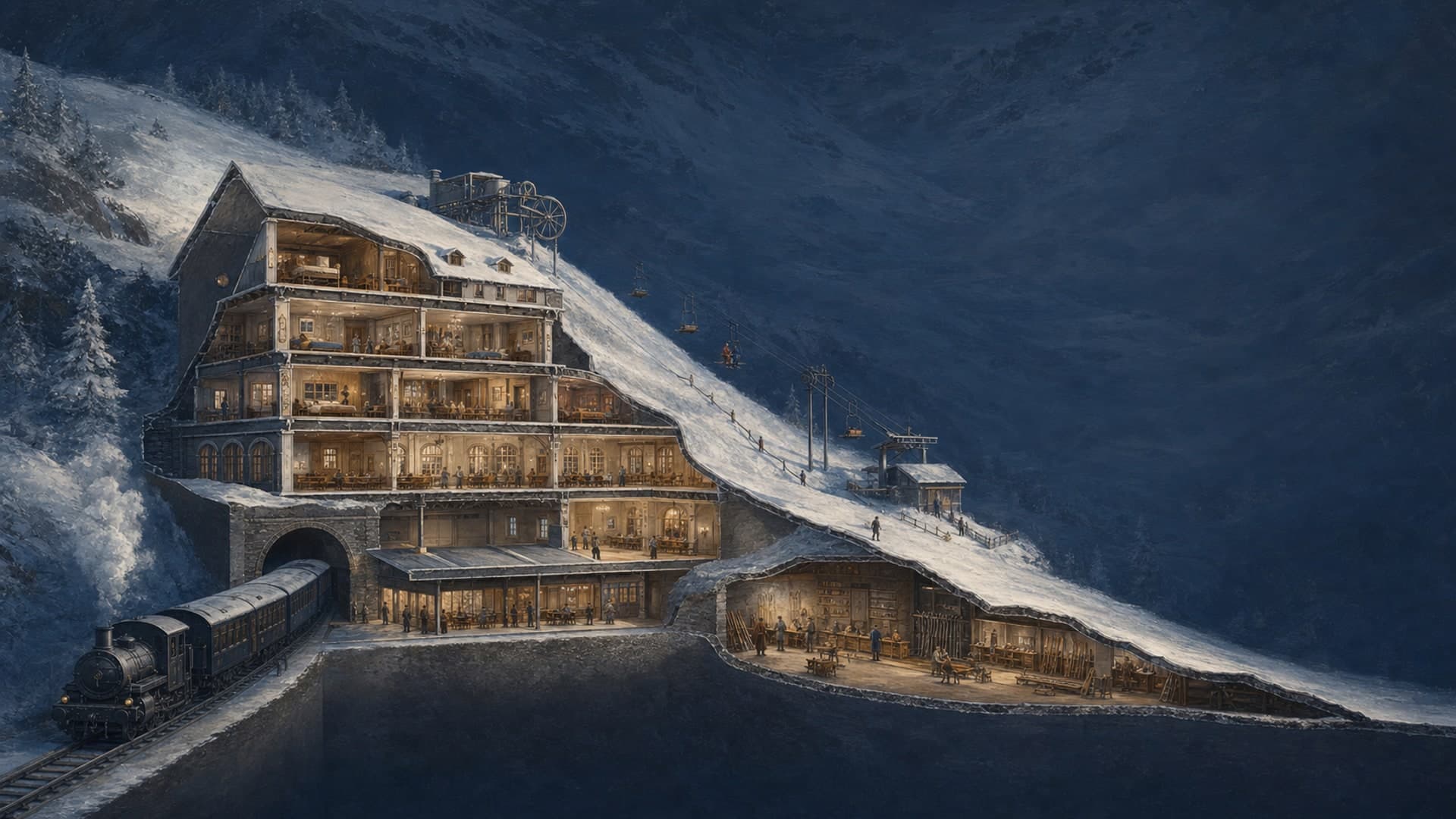 Architectural cross-section cutaway showing a train beneath a hotel, public interiors and a ski teaching and equipment space linked to a chairlift.