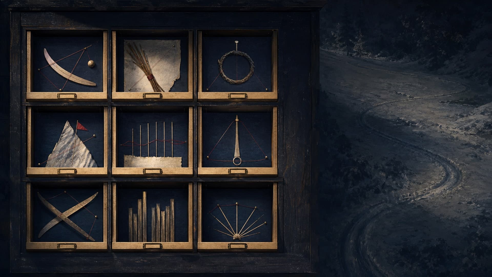Archive cabinet with nine blank object plates, each paired with a different record symbol.