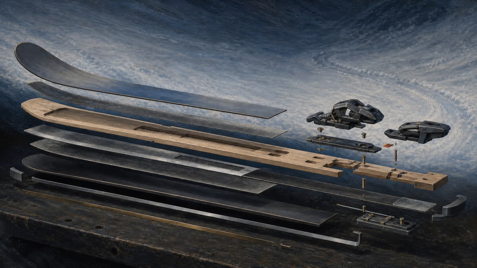 Exploded ski cutaway showing wood core, laminates, edge, base and binding.
