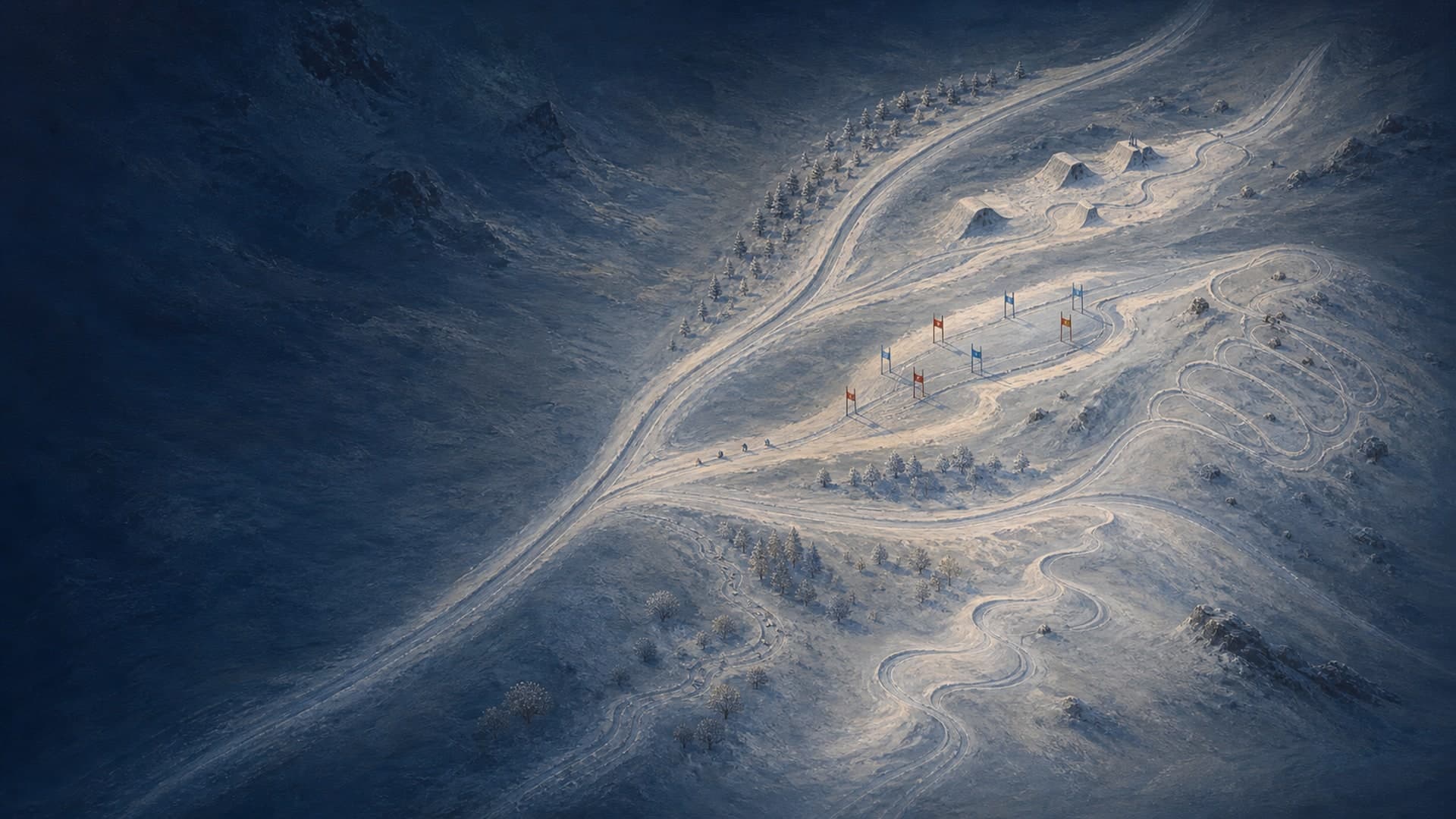 Branching snow tracks representing Nordic, Alpine, biathlon, touring and freestyle disciplines.