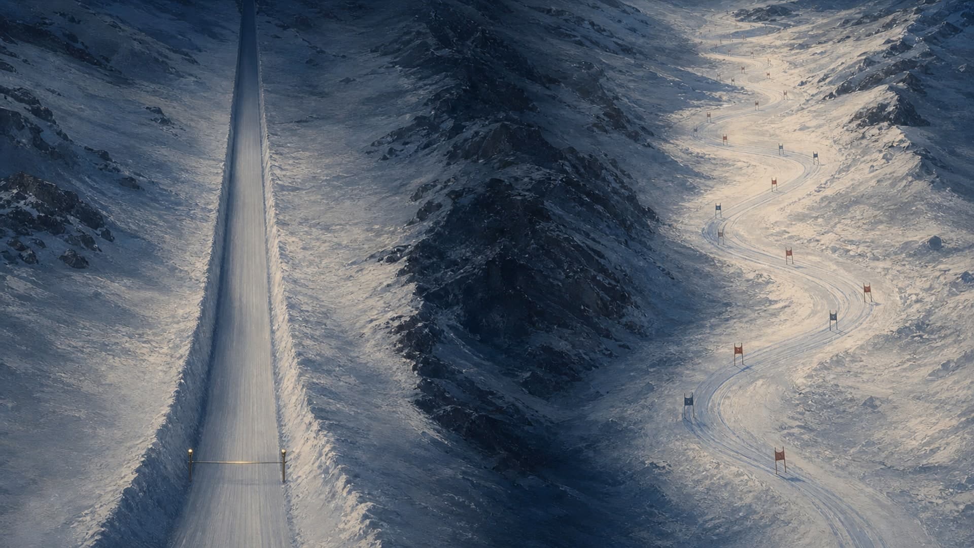 Two abstract parallel snow lanes comparing a speed-skiing record with a downhill-race measurement.