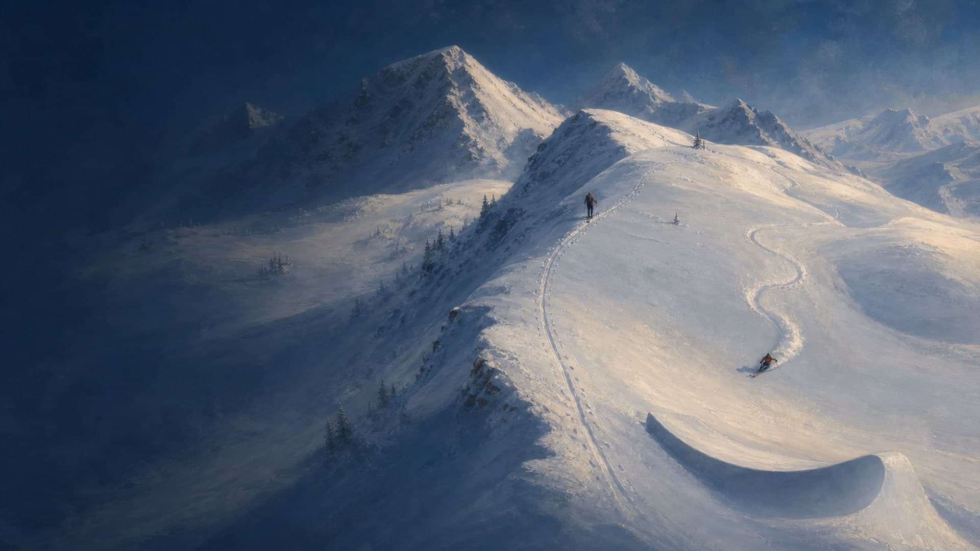 A touring track climbs before a distinct twin-tip track descends a soft-snow face.