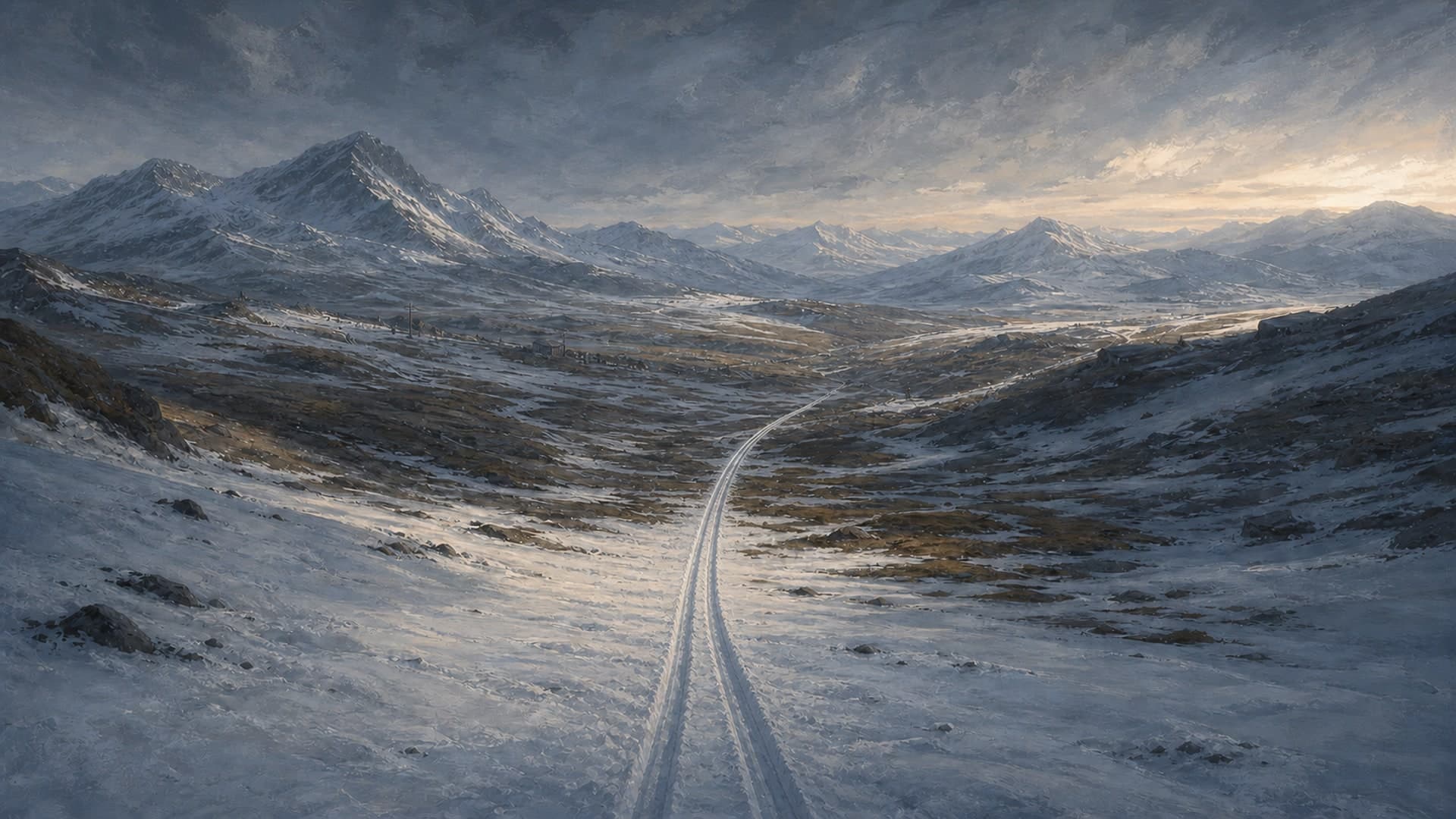 One continuous pair of ski tracks runs from the snowy foreground to a distant mountain horizon.