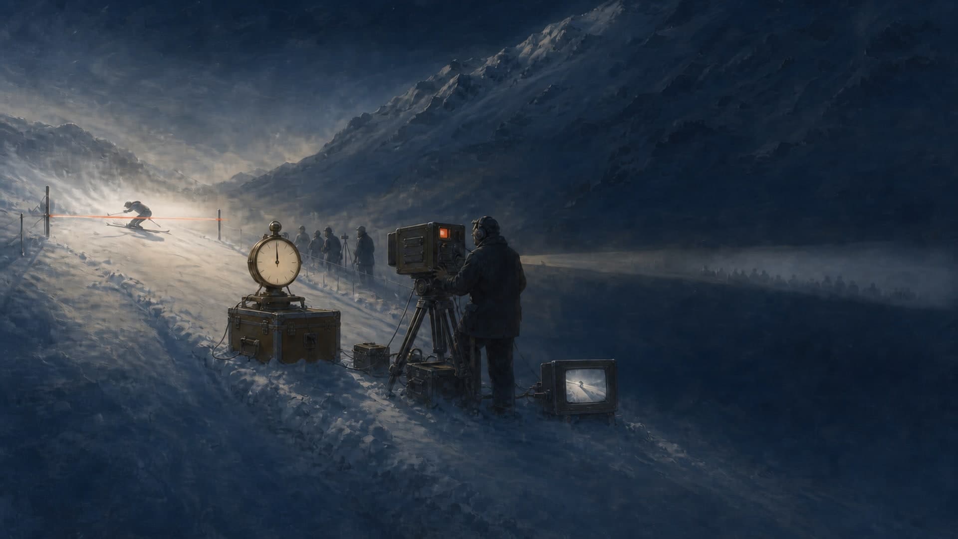 Generic finish scene with timing beam, clock, broadcast camera and distant spectators.
