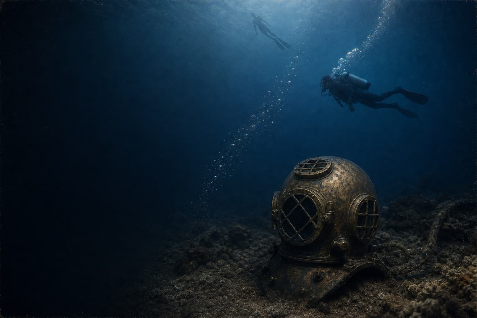 A diver descending through blue water beside a measured depth line and a trail of bubbles.