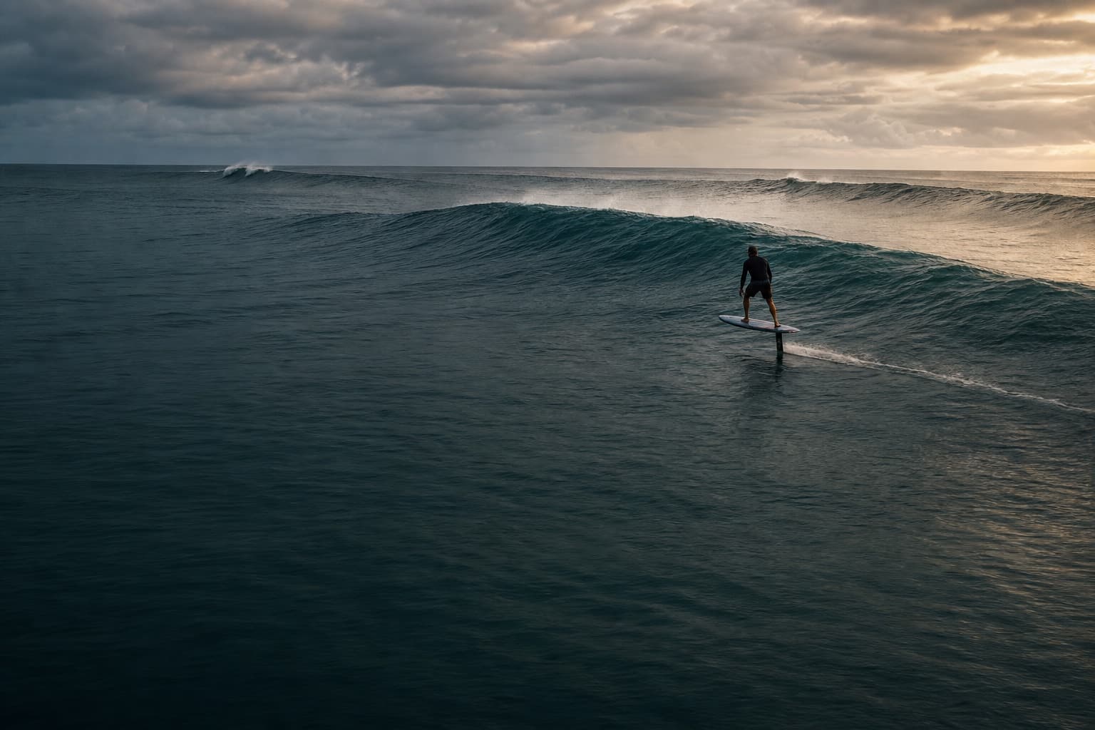 A downwind foiler tracing a long open-ocean swell between islands