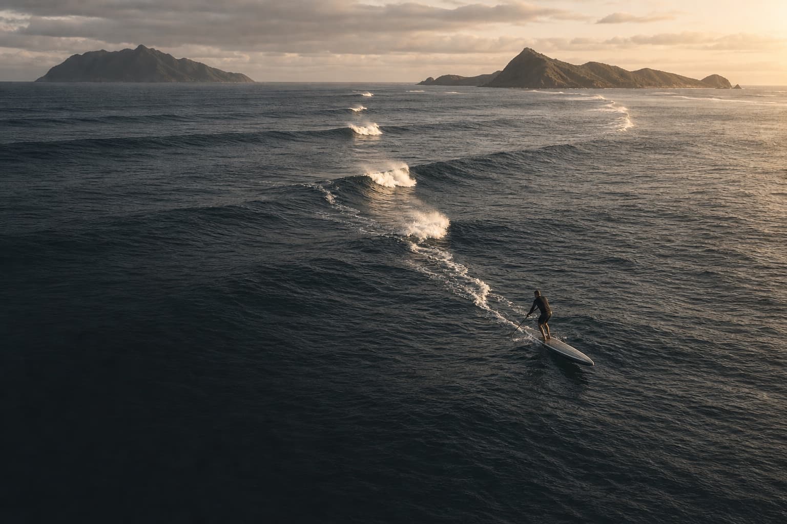 A stand-up paddler gliding down the face of open-ocean wind swell