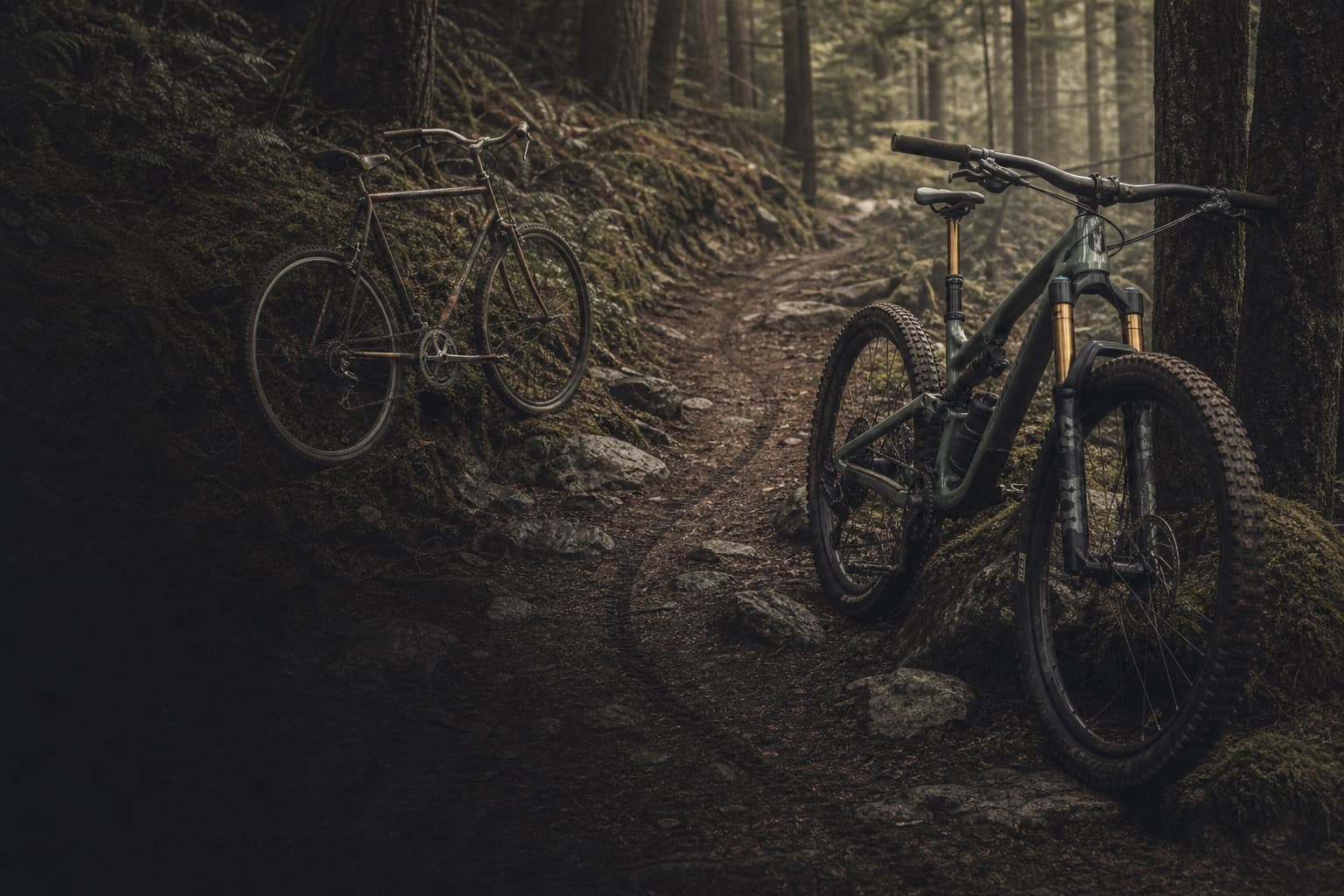 A mountain biker follows a narrow earth trail through a steep forest.