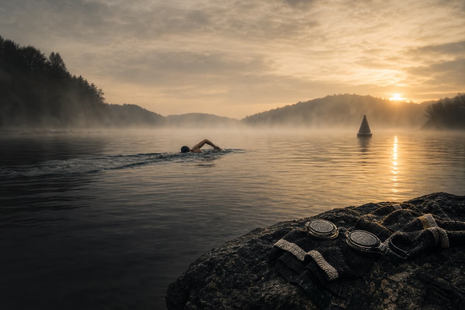 A lone swimmer sighting across open water as a wake becomes a marked course.