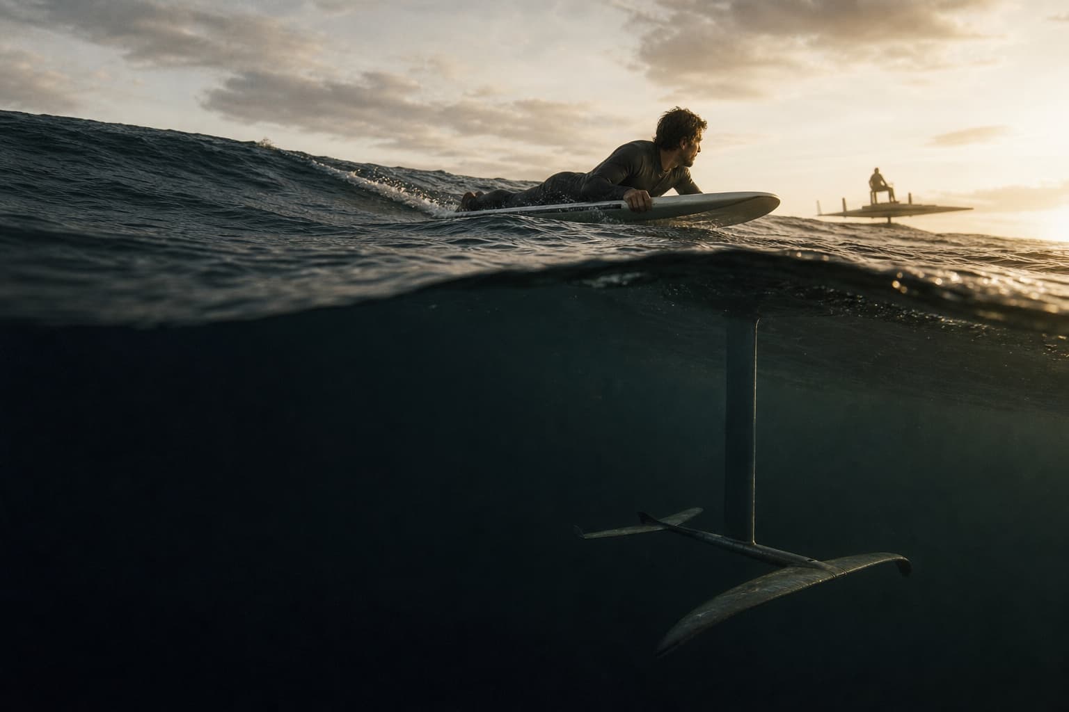 A prone foil surfer rising above a clean swell on a compact board