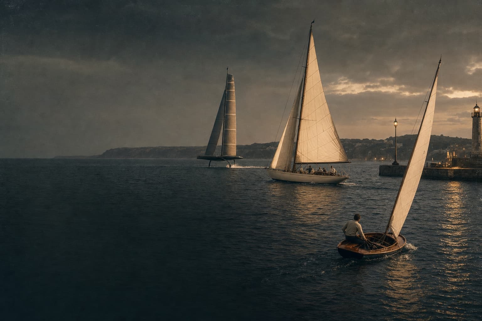 A small club fleet and a foiling racing yacht connected by a tacking course.