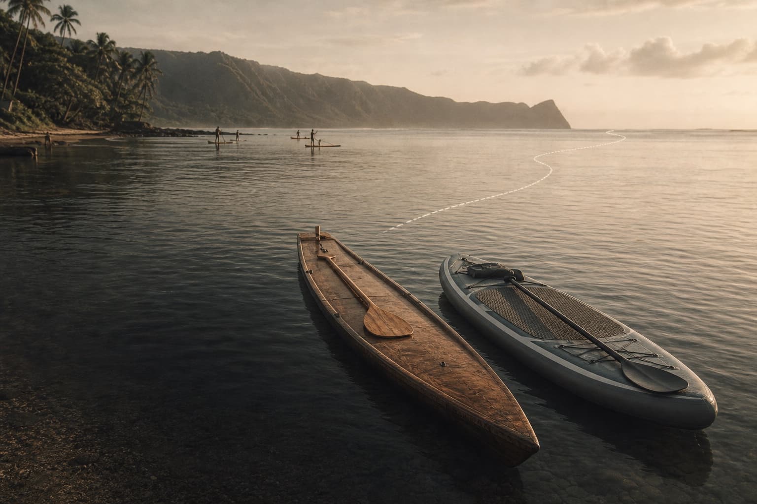A stand-up paddler travelling across calm water with a long paddle