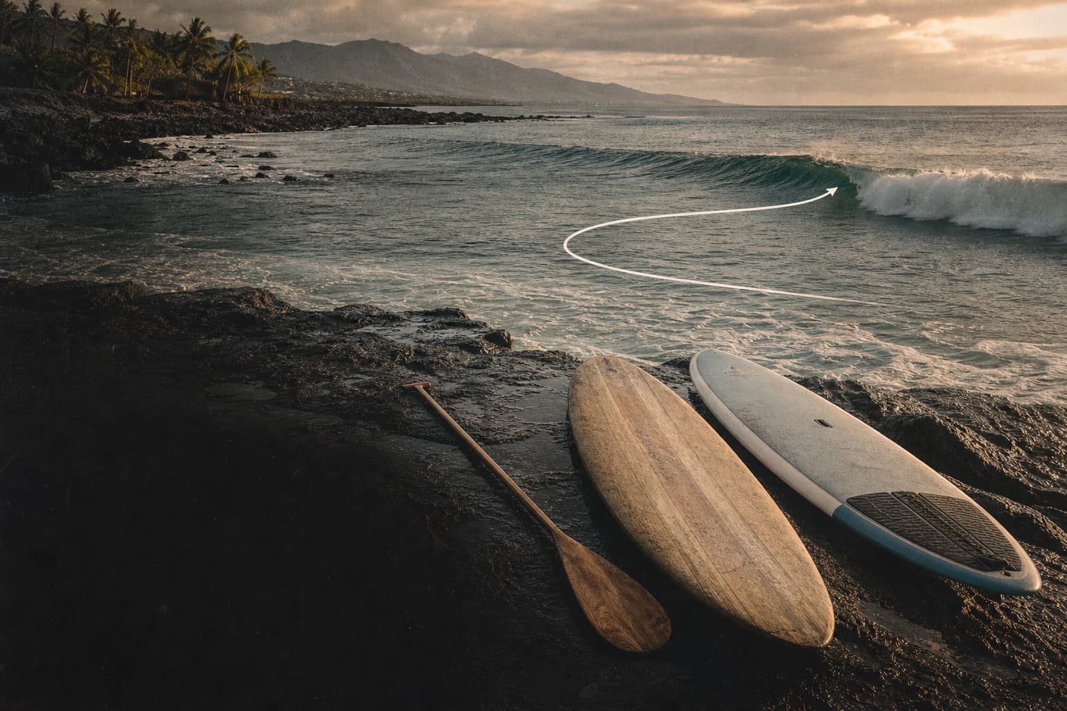 A stand-up paddle surfer setting a rail on a breaking wave