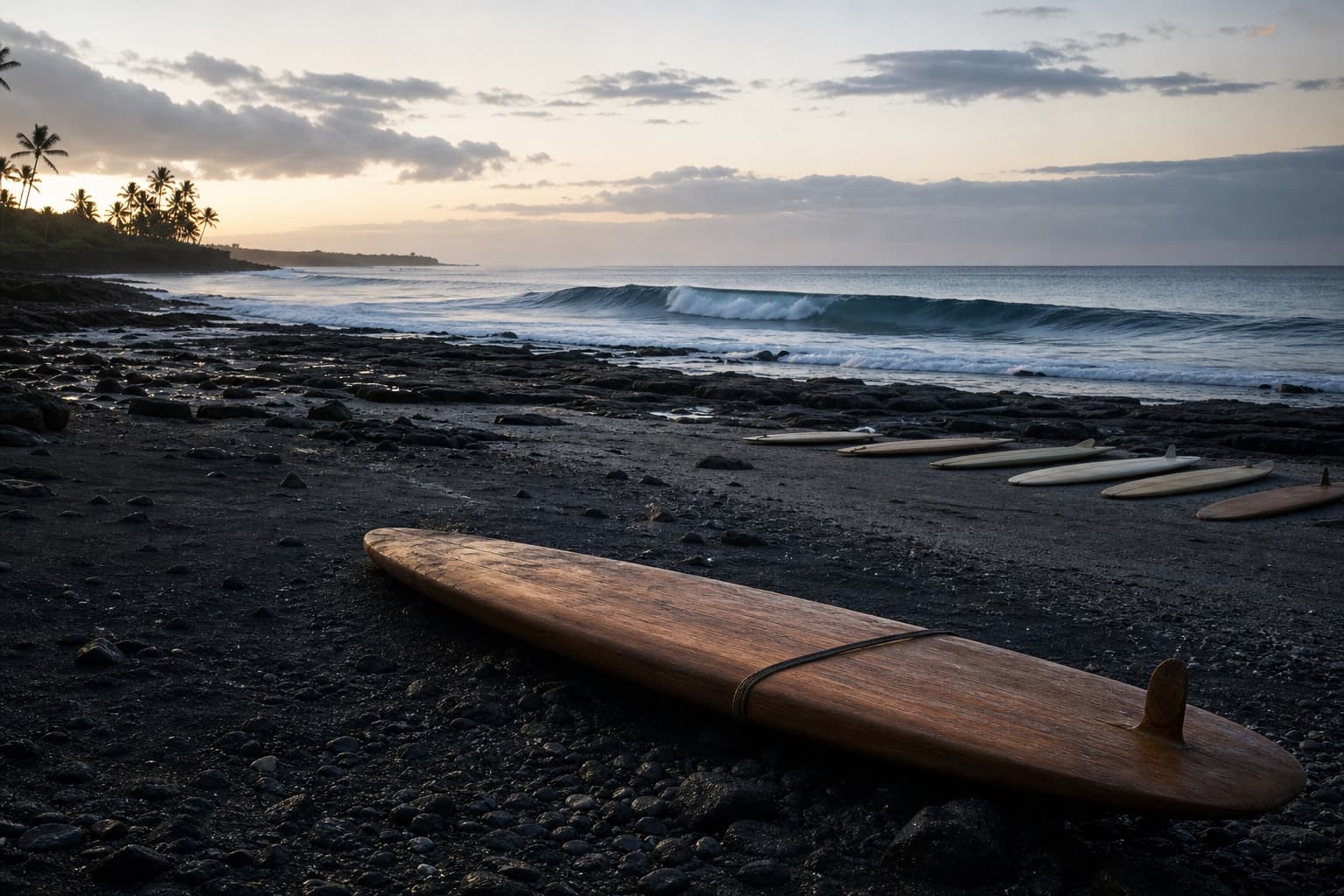 A surfer draws a line across the face of a long ocean wave.