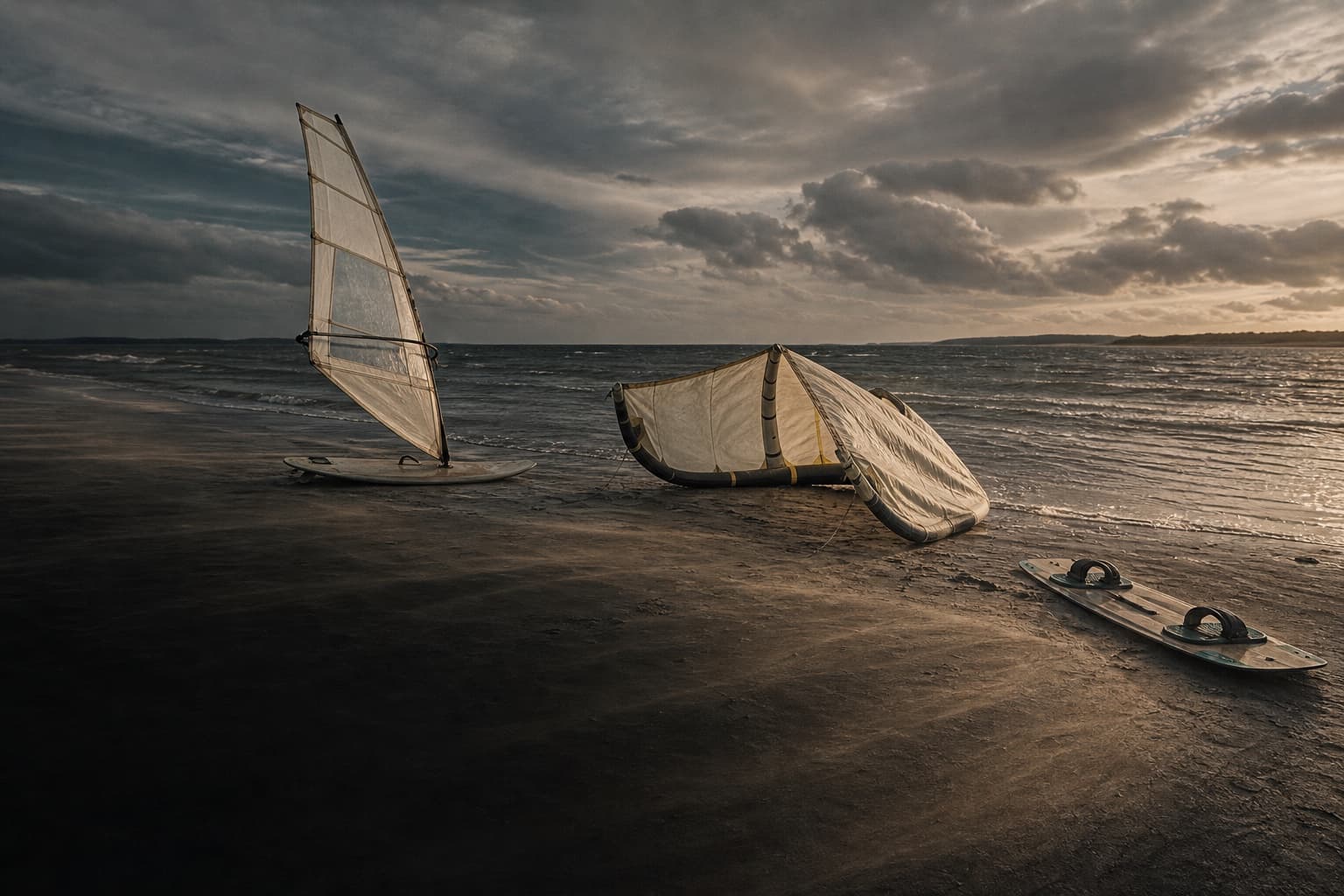 A windsurfer and a kitesurfer tracing two lines across wind-darkened water.